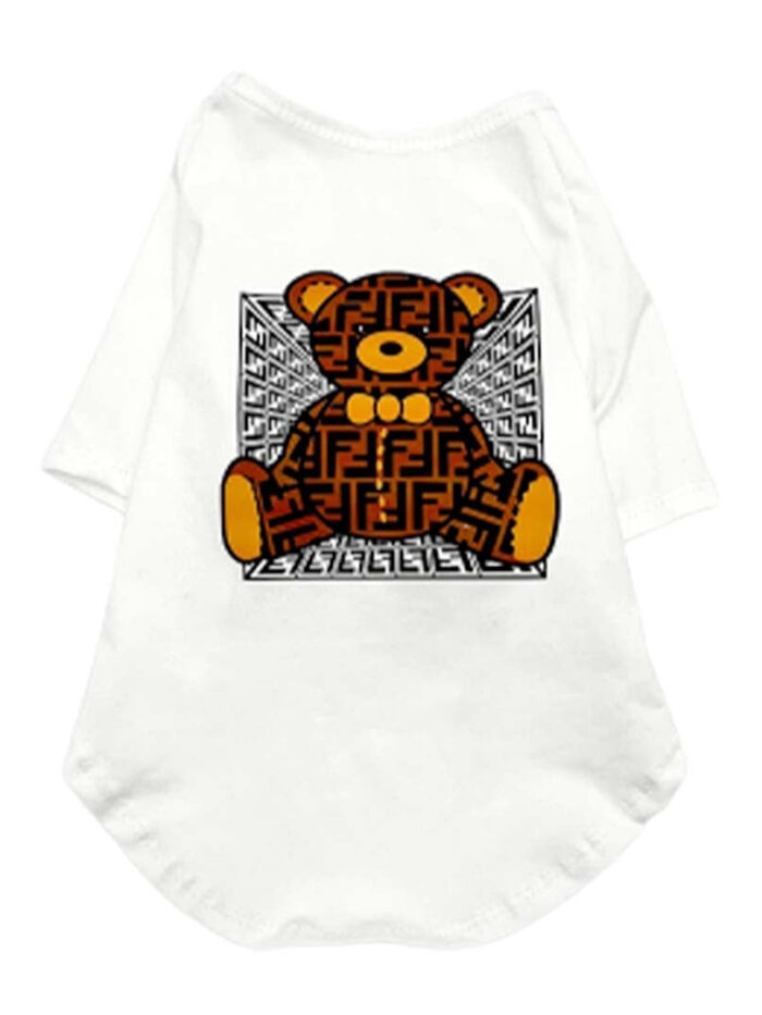 White cotton dog tee with Furdi bear graphic in brown and orange Fendi monogram print