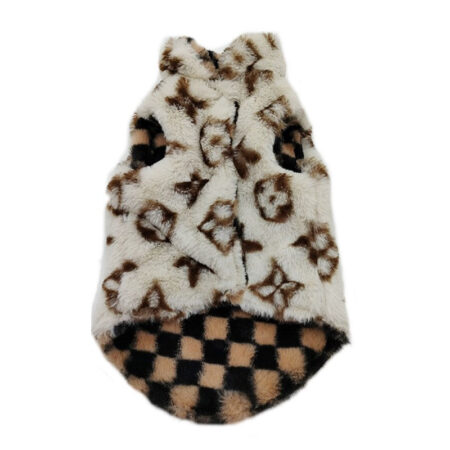 Cream faux fur dog vest with brown V monogram pattern and black checkered reverse side