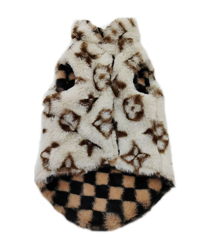 Cream faux fur dog vest with brown V monogram pattern and black checkered reverse side