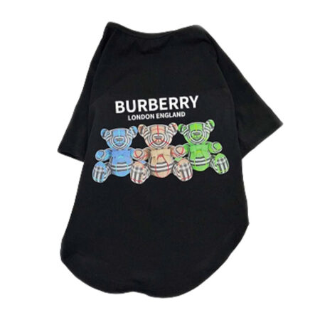 Black cotton dog tee with colorful Burberry-inspired bear print design