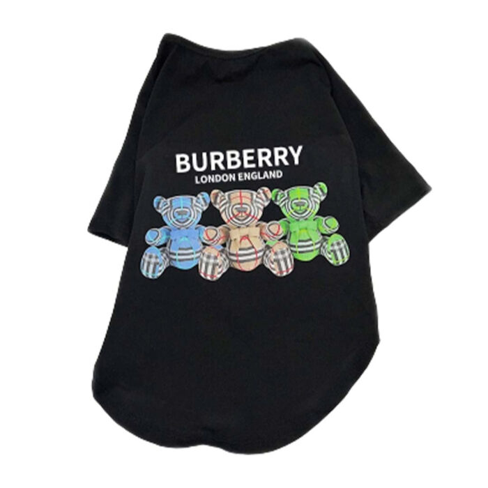 Black cotton dog tee with colorful Burberry-inspired bear print design