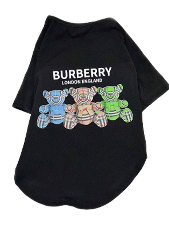 Black cotton dog tee with colorful Burberry-inspired bear print design