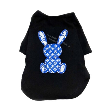 Black cotton dog tee with blue monogram rabbit design Louis Vuitton inspired
