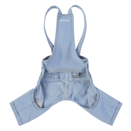 Light blue denim dog overalls Chrome Hearts style with adjustable straps and cross embroidery