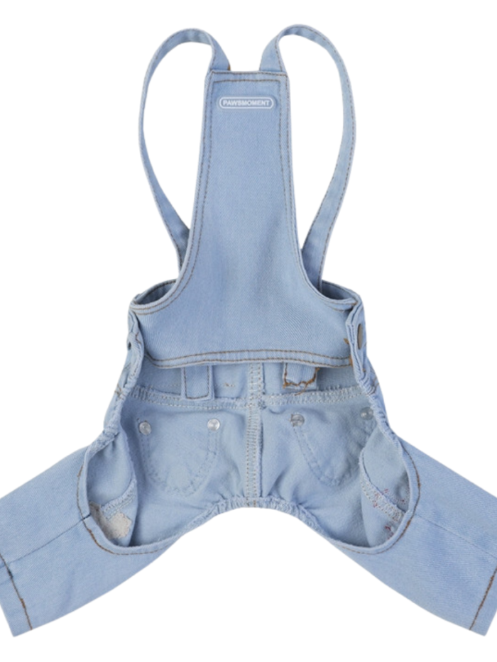 Light blue denim dog overalls Chrome Hearts style with adjustable straps and cross embroidery
