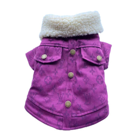 Purple corduroy dog jacket with V monogram embossing and white sherpa collar Louis Vuitton inspired