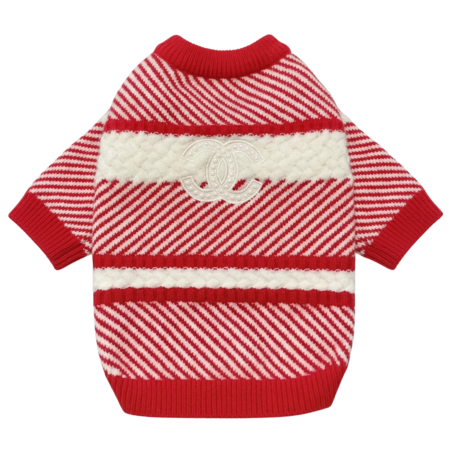 Red diagonal stripe knit dog sweater with white logo panel Chanel style