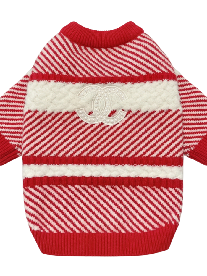 Red diagonal stripe knit dog sweater with white logo panel Chanel style