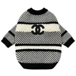 Black diagonal stripe knit dog sweater with white logo detail Chanel style