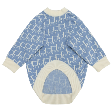 Blue and cream oblique print dog sweater Dior style with ribbed collar and cuffs
