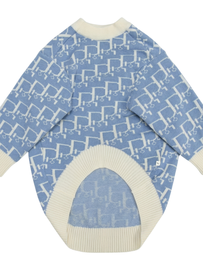 Blue and cream oblique print dog sweater Dior style with ribbed collar and cuffs