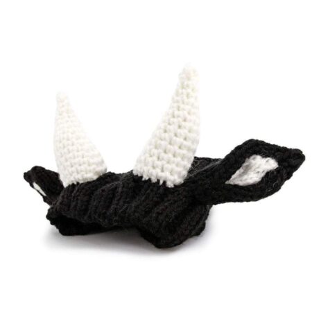 Black and white knit cow hat with horns and ears for dogs