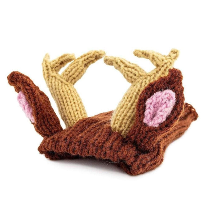 Brown knit reindeer hat with antlers and pink nose detail for dogs