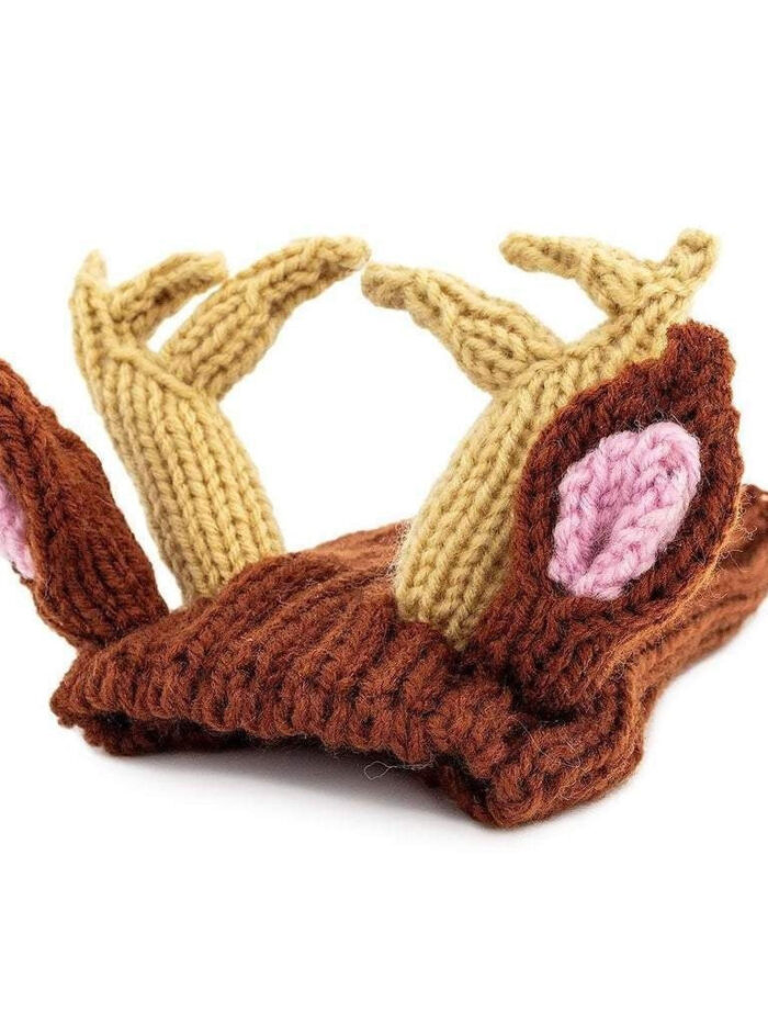 Brown knit reindeer hat with antlers and pink nose detail for dogs