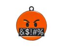 Orange angry face emoji dog ID tag with black censored text bar