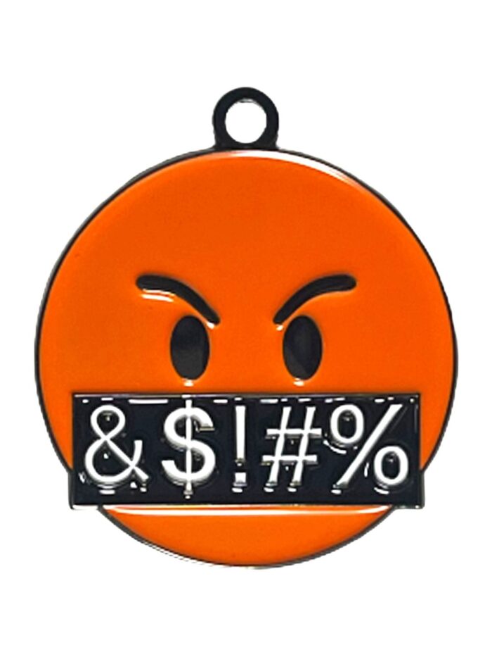 Orange angry face emoji dog ID tag with black censored text bar