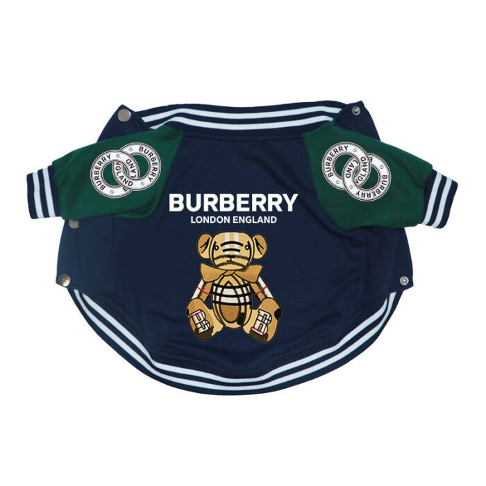 Navy varsity dog jacket with green sleeves and Burberry teddy bear graphic