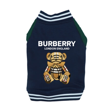 Navy dog varsity jacket with ribbed collar and Furberry bear design on white background