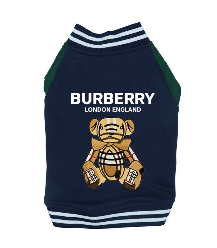 Navy dog varsity jacket with ribbed collar and Furberry bear design on white background