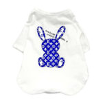 White cotton dog tee with blue monogram rabbit graphic on chest