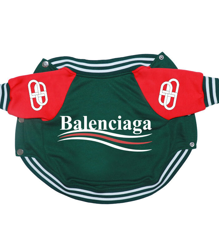 Green varsity bomber dog jacket with red sleeves Balenciaga inspired with white logo text