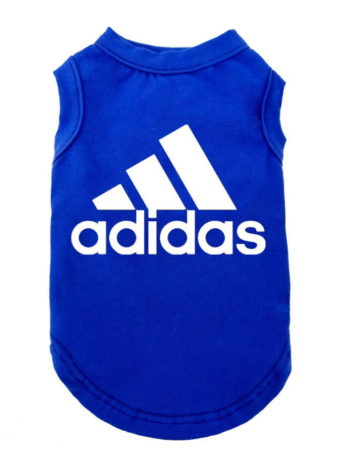 Blue sleeveless dog tank with white Adidas logo athletic design