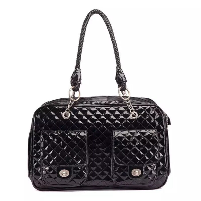Black quilted dog carrier with diamond pattern and chain handles inspired by Chanel
