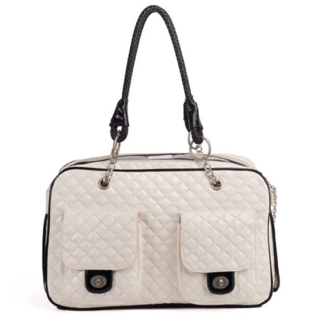 White quilted dog carrier with braided chain handles and front pockets Chanel style