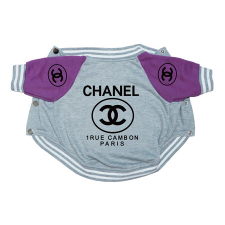 Gray varsity bomber dog jacket with purple sleeves Chanel inspired logos snap closure