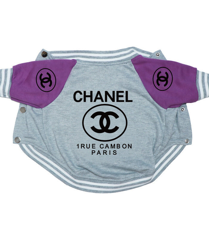 Gray varsity bomber dog jacket with purple sleeves Chanel inspired logos snap closure