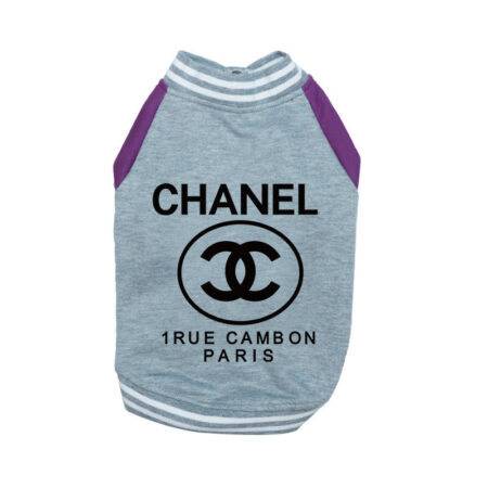 Front view gray dog varsity jacket with Chanel CC logo on chest purple colorblock sleeves