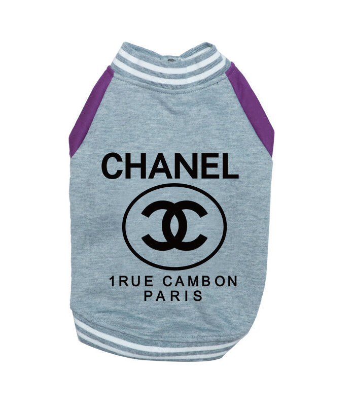 Front view gray dog varsity jacket with Chanel CC logo on chest purple colorblock sleeves