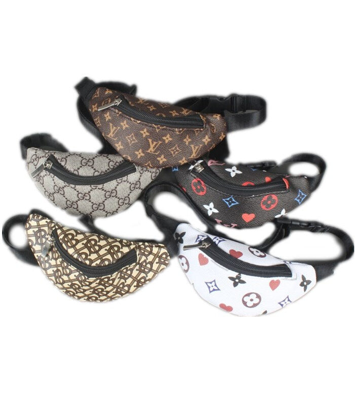 Five Chewy V monogram fanny packs in different colorways Louis Vuitton inspired