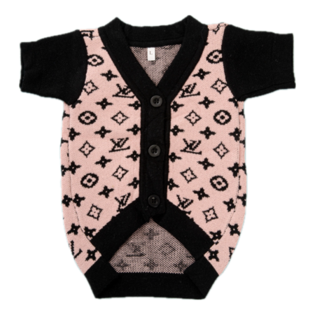Pink knit dog cardigan with black Louis Vuitton monogram pattern and button front