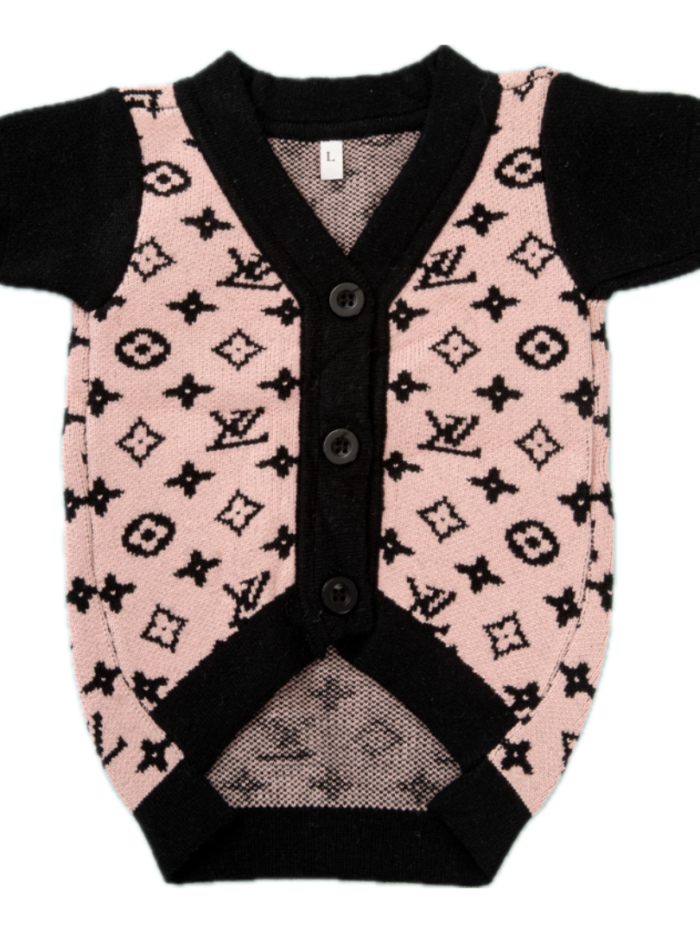 Pink knit dog cardigan with black Louis Vuitton monogram pattern and button front