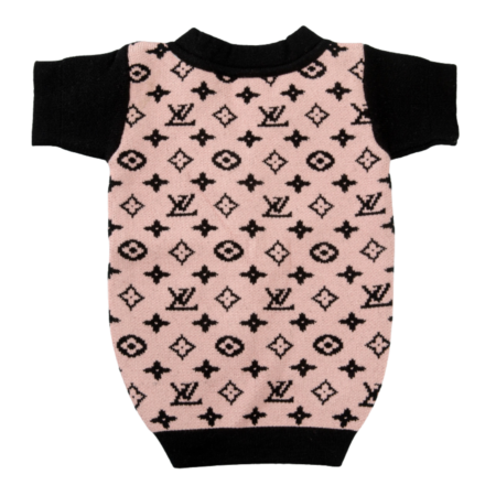 Back view of pink monogram dog cardigan inspired by Louis Vuitton with black trim