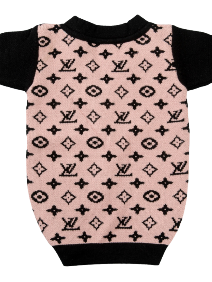 Back view of pink monogram dog cardigan inspired by Louis Vuitton with black trim