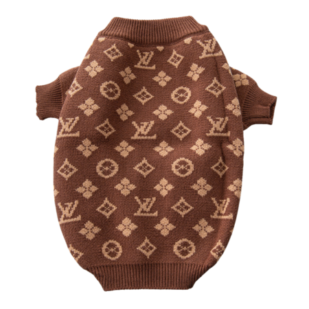 Knit dog sweater with all-over V monogram pattern and ribbed collar cuffs