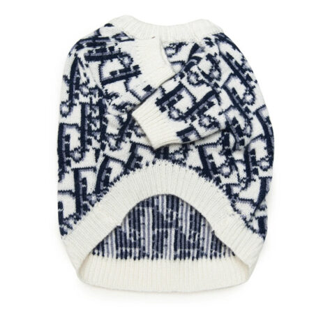 Navy monogram dog sweater back view showing full pattern coverage Dior style