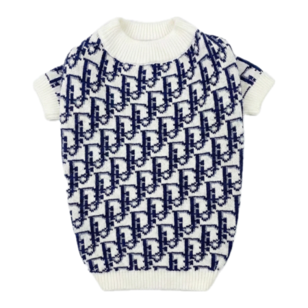 Navy blue knit dog sweater with Dior inspired monogram pattern on flat surface