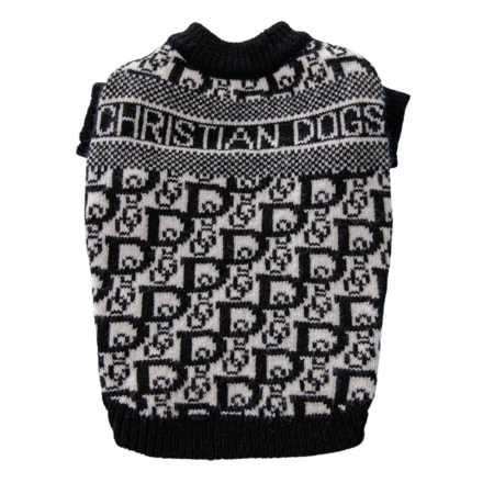 Black and cream knit dog sweater with Dior inspired monogram pattern flat lay