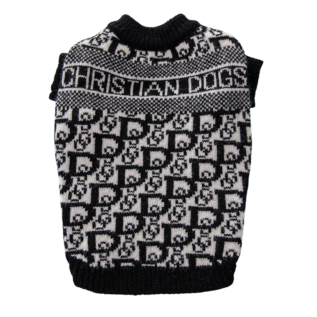 Black and cream knit dog sweater with Dior inspired monogram pattern flat lay