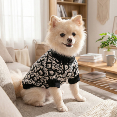 Pomeranian wearing black cream Dogior monogram sweater in living room