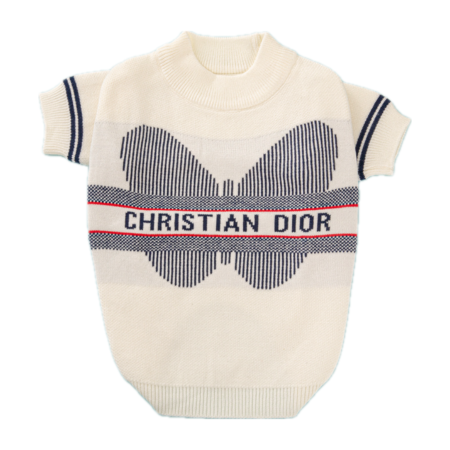 Cream knit dog sweater Dior inspired with wing motif and red stripe detail