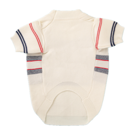 Back view of cream papillon dog sweater with navy and red trim sleeves