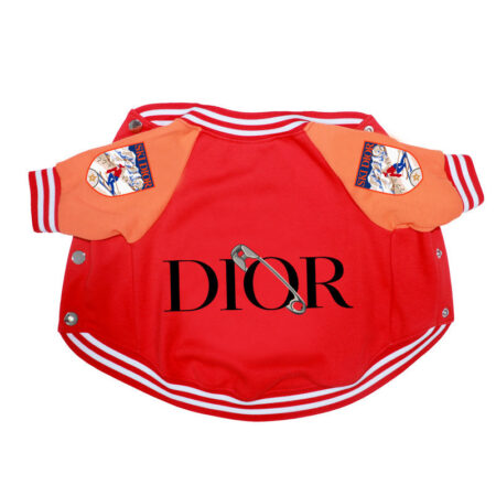 Red varsity bomber dog jacket with orange sleeves Dior inspired ski patches