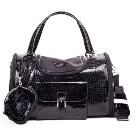 Black crocodile embossed dog carrier with structured silhouette and gold hardware