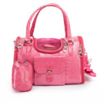 Pink crocodile textured luxury dog carrier with matching waste bag holder