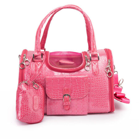 Pink crocodile textured luxury dog carrier with matching waste bag holder