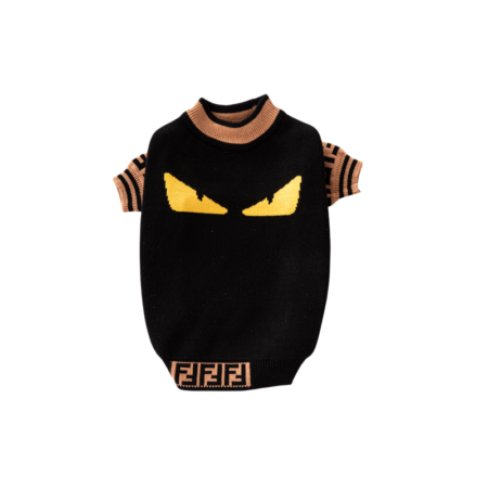 Black dog sweater with yellow monster eyes and FF monogram Fendi inspired design